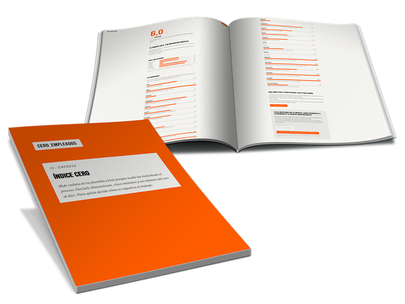 El Informe Cero impreso: la portada naranja del Índice Cero y un interior abierto con el índice de 6,0 y el desglose de las dieciséis dimensiones.